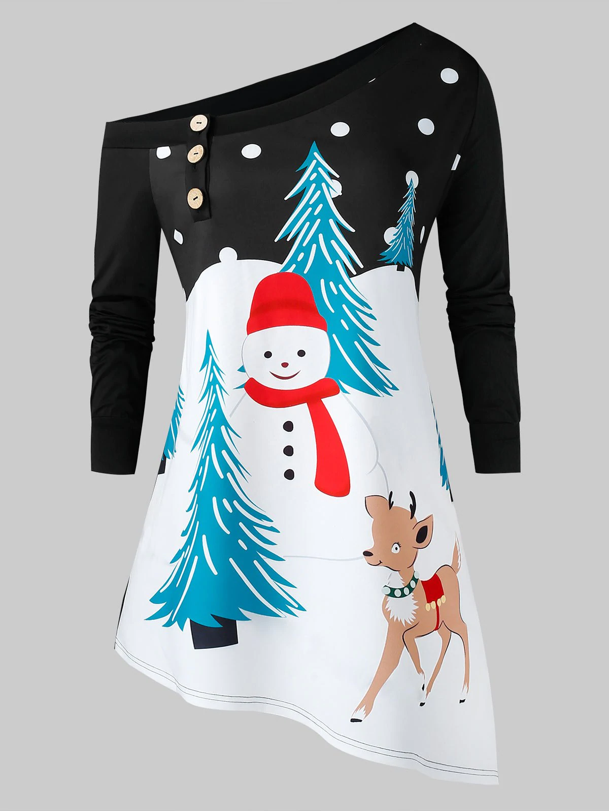 Plus Size Christmas Skew Collar Snowman Print Asymmetrical Sweat